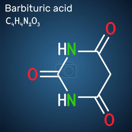 Illustration for Barbituric acid, malonylurea or 6-hydroxyuracil molecule. It is parent compound of barbiturate drugs. Structural chemical formula on the dark blue background. Vector illustration - Royalty Free Image