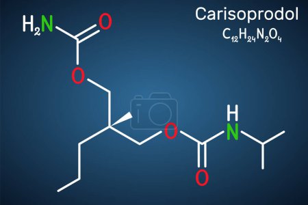 Illustration for Carisoprodol molecule. It is muscle relaxant, used in painful musculoskeletal conditions. Structural chemical formula on the dark blue background. Vector illustration - Royalty Free Image