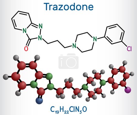 Illustration for Trazodone molecule. It is antidepressant, used to treat major depressive disorder. Structural chemical formula, molecule model. Vector illustration - Royalty Free Image