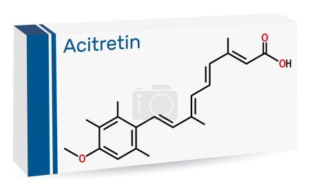 Illustration for Acitretin molecule. It is retinoid used in the treatment of psoriasis. Skeletal chemical formula. Paper packaging for drugs. Vector illustration - Royalty Free Image