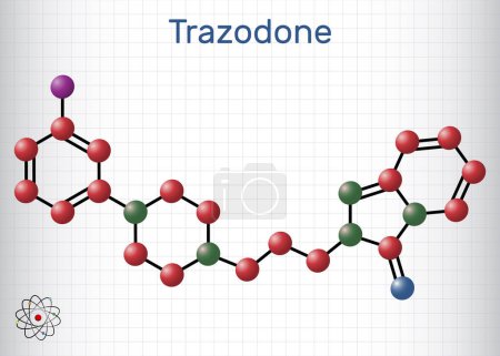 Illustration for Trazodone molecule. It is antidepressant, used to treat major depressive disorder. Structural chemical formula, molecule model. Sheet of paper in a cage. Vector illustration - Royalty Free Image