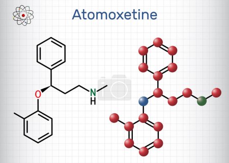 Illustration for Atomoxetine molecule. It is used in the management of Attention Deficit Hyperactivity Disorder ADHD. Structural chemical formula, molecule model. Sheet of paper in a cage. Vector illustration - Royalty Free Image