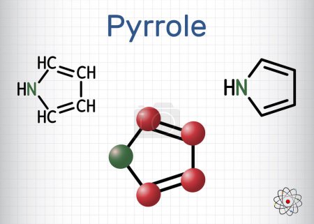 Téléchargez les illustrations : Molécule de pyrrole. C'est composé aromatique hétérocyclique, produit naturel, trouvé dans Coffea arabica. Formule chimique structurelle, modèle moléculaire. Feuille de papier en cage. Illustration vectorielle - en licence libre de droit