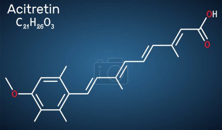 Illustration for Acitretin molecule. It is retinoid used in the treatment of psoriasis. Structural chemical formula on the dark blue background. Vector illustration - Royalty Free Image