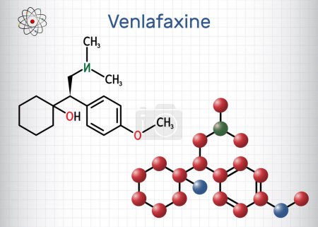 Illustration for Venlafaxine antidepressant  drug molecule. It is used for the treatment of major depression. Structural chemical formula, molecule model. Sheet of paper in a cage. Vector illustration - Royalty Free Image