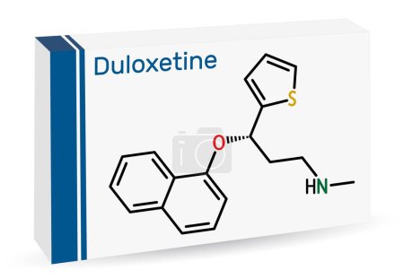 Illustration for Duloxetine antidepressant  drug molecule. It is used to treat  anxiety disorder, neuropathic pain, osteoarthritis. Skeletal chemical formula. Paper packaging for drugs. Vector illustration - Royalty Free Image