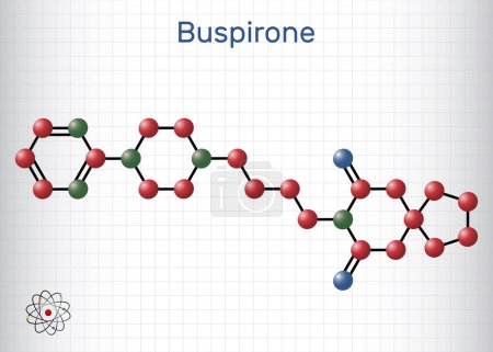 Illustration for Buspirone molecule. It is anxiolytic drug for treatment of anxiety, depression. Structural chemical formula and molecule model. Sheet of paper in a cage. Vector illustration - Royalty Free Image