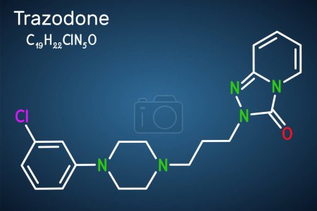 Illustration for Trazodone molecule. It is antidepressant, used to treat major depressive disorder. Structural chemical formula on the dark blue background. Vector illustration - Royalty Free Image