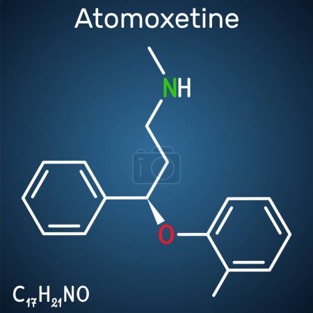 Illustration for Atomoxetine molecule. It is used in the management of Attention Deficit Hyperactivity Disorder ADHD. Structural chemical formula on the dark blue background. Vector illustration - Royalty Free Image