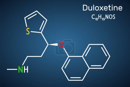 Illustration for Duloxetine antidepressant  drug molecule. It is used to treat  anxiety disorder, neuropathic pain, osteoarthritis. Structural chemical formula on the dark blue background. Vector illustration - Royalty Free Image