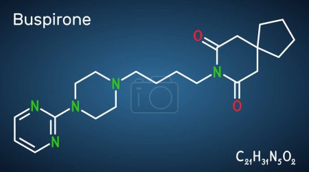 Illustration for Buspirone molecule. It is anxiolytic drug for treatment of anxiety, depression. Structural chemical formula on the dark blue background. Vector illustration - Royalty Free Image