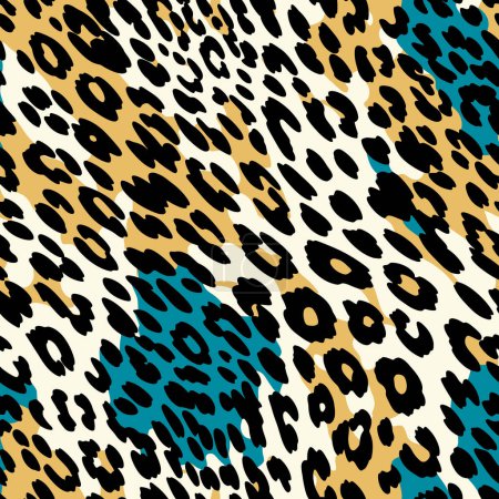 Ein Leopardenmuster mit blauen und gelben Flecken, nahtlos gemustert. Vektorillustration