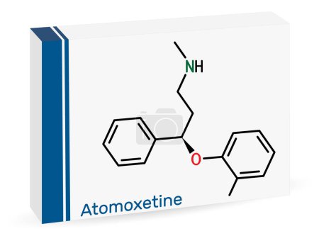 Illustration for Atomoxetine molecule. It is used in the management of Attention Deficit Hyperactivity Disorder ADHD. Skeletal chemical formula. Paper packaging for drugs. Vector illustration - Royalty Free Image