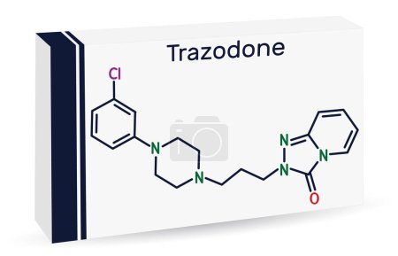 Illustration for Trazodone molecule. It is antidepressant, used to treat major depressive disorder. Skeletal chemical formula. Paper packaging for drugs. Vector illustration - Royalty Free Image