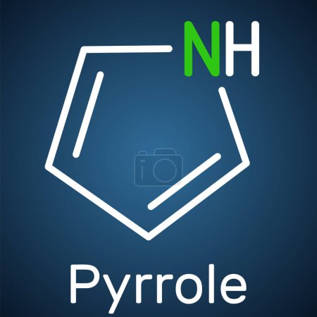 Téléchargez les illustrations : Molécule de pyrrole. C'est composé aromatique hétérocyclique, produit naturel, trouvé dans Coffea arabica. Formule chimique structurelle sur le fond bleu foncé. Illustration vectorielle - en licence libre de droit