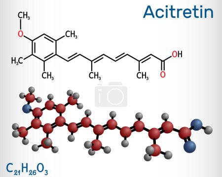 Illustration for Acitretin molecule. It is retinoid used in the treatment of psoriasis. Structural chemical formula and molecule model. Vector illustration - Royalty Free Image