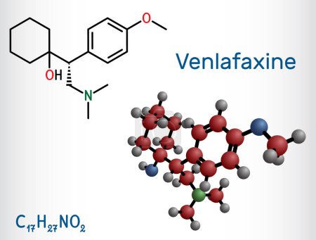Illustration for Venlafaxine antidepressant  drug molecule. It is used for the treatment of major depression. Structural chemical formula, molecule model. Vector illustration - Royalty Free Image