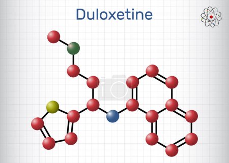 Illustration for Duloxetine antidepressant  drug molecule. Used to treat  anxiety disorder, neuropathic pain, osteoarthritis. Structural chemical formula, molecule model. Sheet of paper in a cage. Vector illustration - Royalty Free Image