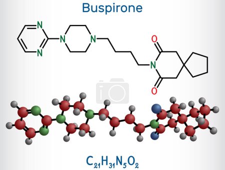 Illustration for Buspirone molecule. It is anxiolytic drug for treatment of anxiety, depression. Structural chemical formula and molecule model. Vector illustration - Royalty Free Image