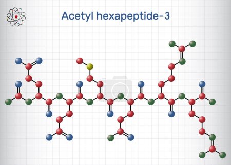 Ilustración de Acetil hexapeptide-3, acetil hexapeptide-8, molécula de argirelina. Péptido, fragmento de SNAP-25, sustrato de toxina botulínica. Hoja de papel en jaula. Ilustración vectorial - Imagen libre de derechos