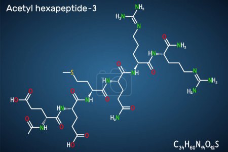 Ilustración de Acetil hexapeptide-3, acetil hexapeptide-8, molécula de argirelina. Péptido, fragmento de SNAP-25, sustrato de toxina botulínica. Fórmula estructural, fondo azul oscuro. Ilustración vectorial - Imagen libre de derechos