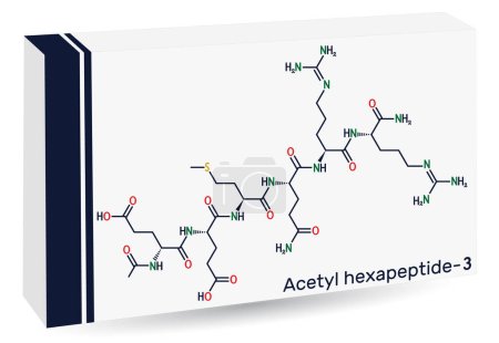 Ilustración de Hexapéptido acetilo-3, hexapéptido acetilo-8. molécula de argirelina. Péptido, fragmento de SNAP-25, un sustrato de toxina botulínica. Fórmula química esquelética. Envases de papel para medicamentos. Ilustración vectorial - Imagen libre de derechos