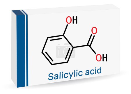 Molécule d'acide salicylique. Il est utilisé dans la production de produits pharmaceutiques, dans les cosmétiques. Formule chimique squelettique. Emballage de papier pour drogues. Illustration vectorielle