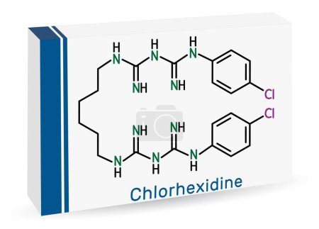 Chlorhexidine disinfectant and antiseptic drug molecule. Skeletal chemical formula. Paper packaging for drugs. Vector illustration 