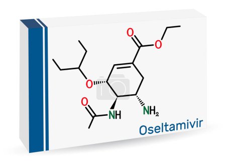 Oseltamivir antiviral drug molecule. Skeletal chemical formula. Paper packaging for drugs. Vector illustration