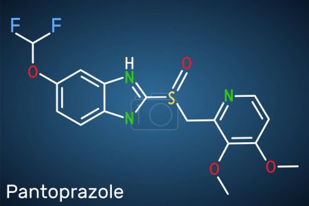 Pantoprazol-Molekül. Es ist ein Protonenpumpenhemmer, ein Medikament gegen Magengeschwüre. Strukturchemische Formel auf dunkelblauem Hintergrund. Vektorillustration