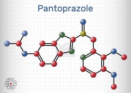 Pantoprazol-Molekül. Es ist ein Protonenpumpenhemmer, ein Medikament gegen Magengeschwüre. Molekülmodell, Blatt Papier im Käfig. Vektorillustration
