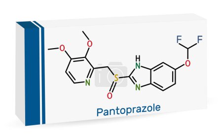 Pantoprazol-Molekül. Es ist ein Protonenpumpenhemmer, ein Medikament gegen Magengeschwüre. Skelettchemische Formel. Papierverpackungen für Medikamente. Vektorillustration