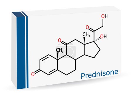 Molécula de prednisona. Glucocorticoide sintético antiinflamatorio derivado de la cortisona. Fórmula química esquelética. Envases de papel para medicamentos. Ilustración vectorial 
