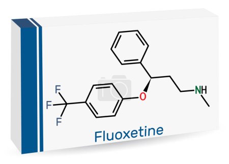 La molécula de fluoxetina, es antidepresivo del inhibidor selectivo de la recaptación de serotonina ISRS. Fórmula química esquelética. Envases de papel para medicamentos. Ilustración vectorial