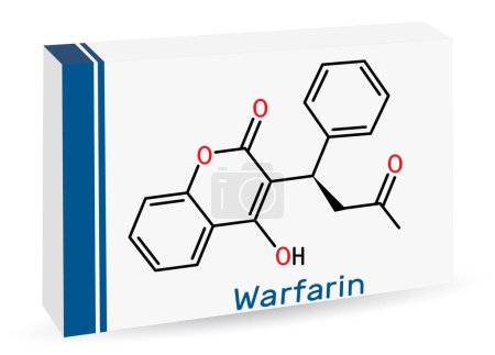 Warfarin drug molecule. Warfarin is an anticoagulant, used to prevent blood clot formation. Skeletal chemical formula. Paper packaging for drugs. Vector illustration