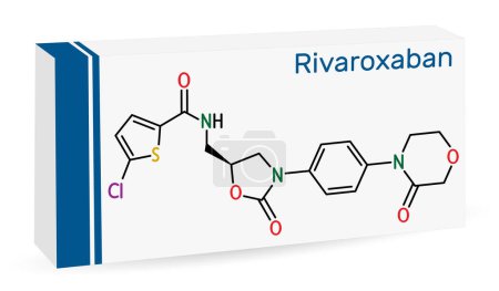 Molécula de Rivaroxaban. Es un anticoagulante y el inhibidor directo del factor Xa activo por vía oral. Fórmula química esquelética. Envases de papel para medicamentos. Ilustración vectorial