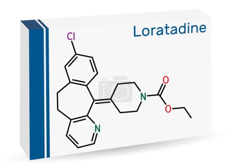Loratadinmolekül. Es ist Antihistamin, wird zur Behandlung von Allergien verwendet. Skelettchemische Formel. Papierverpackungen für Medikamente. Vektorillustration