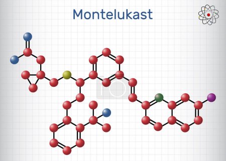 Montelukast drug molecule. Se utiliza en el tratamiento del asma. Modelo molecular. Hoja de papel en una jaula. Ilustración vectorial