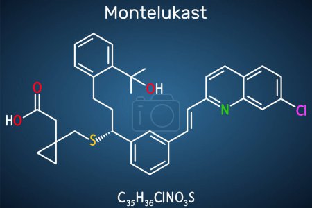 Montelukast drug molecule. Se utiliza en el tratamiento del asma. Fórmula química estructural sobre el fondo azul oscuro. Ilustración vectorial