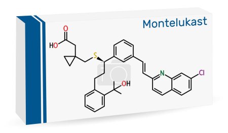 Montelukast drug molecule. It is used in the  treatment of asthma. Skeletal chemical formula. Paper packaging for drugs. Vector illustration