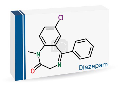 Diazepam-Wirkstoffmolekül. Es ist lang wirkendes Benzodiazepin, das zur Behandlung von Panikstörungen eingesetzt wird. Skelettchemische Formel. Papierverpackungen für Medikamente. Vektorillustration