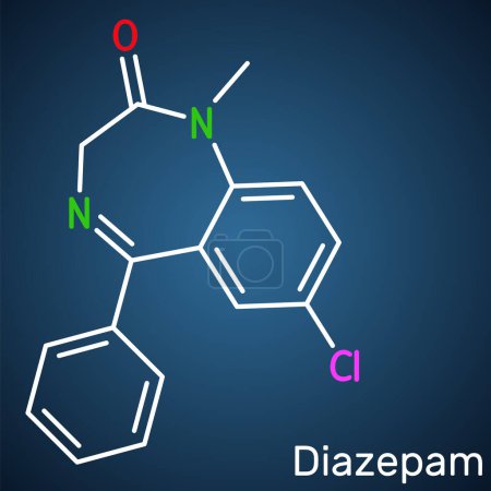 Diazepam drug molecule. It is long-acting benzodiazepine, used to treat panic disorders. Structural chemical formula on the dark blue background. Vector illustration