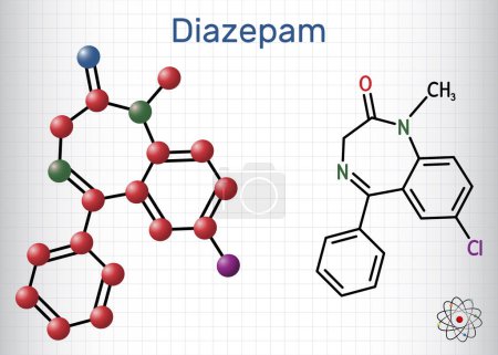 Diazepam-Wirkstoffmolekül. Es ist lang wirkendes Benzodiazepin, das zur Behandlung von Panikstörungen eingesetzt wird. Strukturchemische Formel, Molekülmodell. Blatt Papier in einem Käfig. Vektorillustration