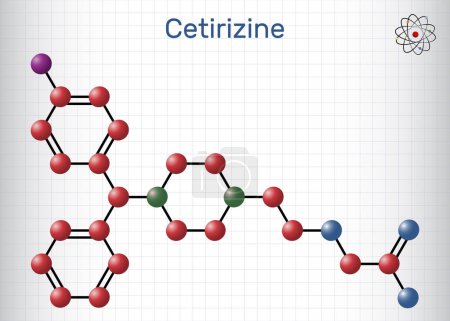 Molécule de cétirizine. Il est utilisé dans la rhinite allergique et l'urticaire chronique. Modèle moléculaire. Feuille de papier en cage. Illustration vectorielle