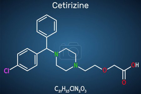 Cetirizina molécula de drogas. Es un fármaco utilizado en la rinitis alérgica y la urticaria crónica. Fórmula química estructural sobre el fondo azul oscuro. Ilustración vectorial