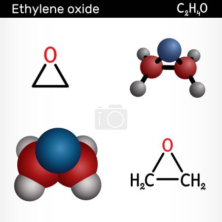 Ethylene oxide, oxirane C2H4O molecule. Structural chemical formula and molecule model. Vector illustration