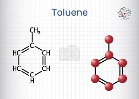 Tolueno, molécula de toluol C7H8. Metilbenceno, hidrocarburo aromático. Fórmula química estructural y modelo molecular. Hoja de papel en una jaula. Ilustración vectorial