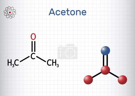 Acetone ketone molecule. It is organic solvent. Structural chemical formula and molecule model. Sheet of paper in a cage. Vector illustration
