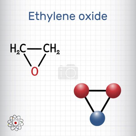 Ethylenoxid, Oxiran C2H4O Molekül. Strukturchemische Formel, Molekülmodell. Blatt Papier in einem Käfig. Vektorillustration