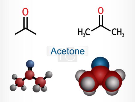 Acetone ketone molecule. It is organic solvent. Structural chemical formula and molecule model. Vector illustration